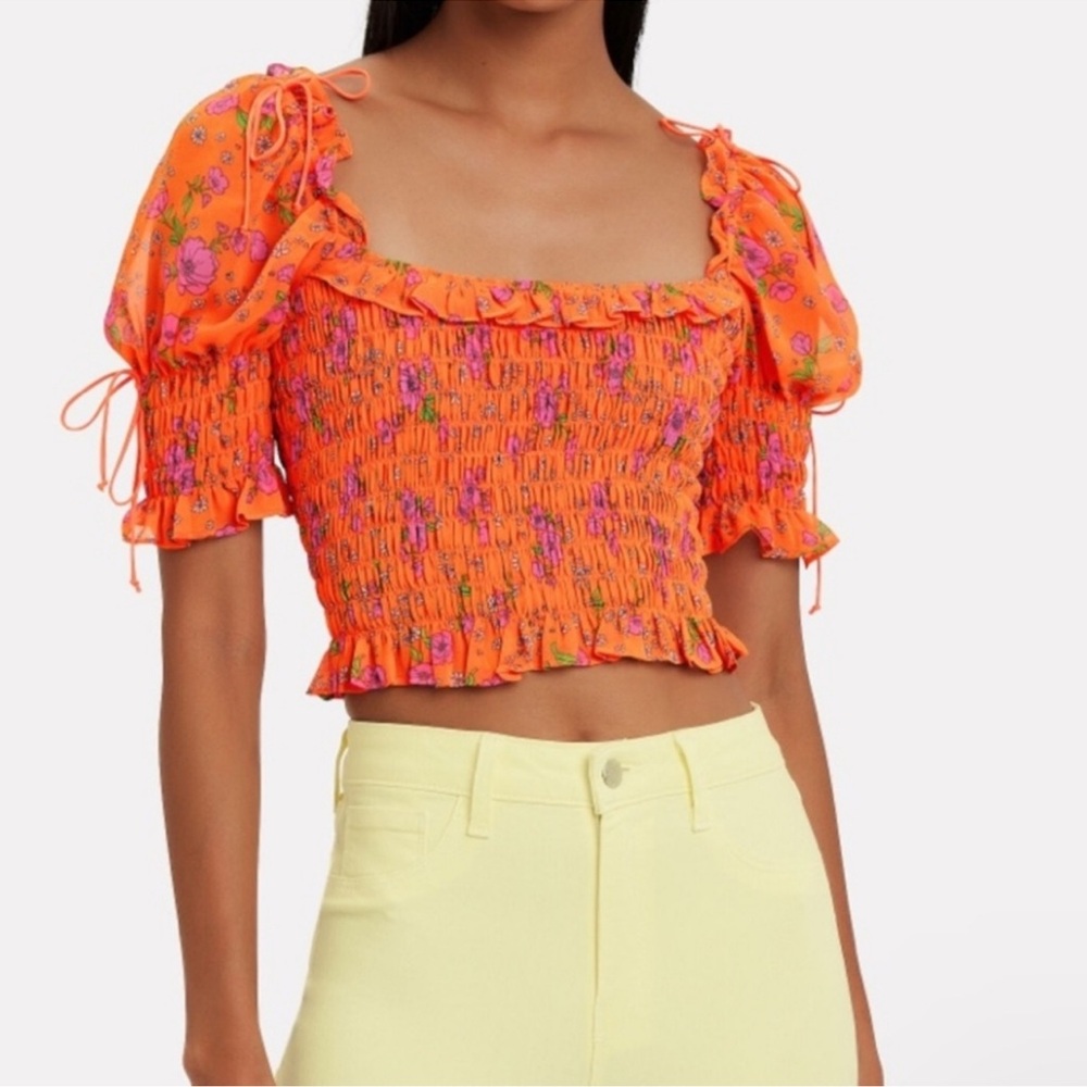 For Love and Lemons Orange Floral Peony Smocked Crop Top Women's Crochet S